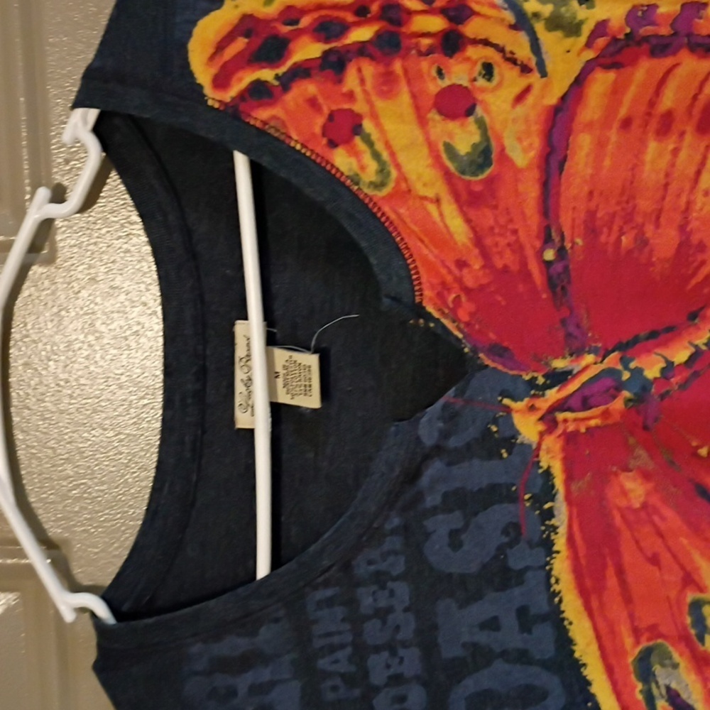 Lucky Brand 3/4  Sleeve Woman Shirt Size M Blue with Orange Butterfly - Picture 2 of 6